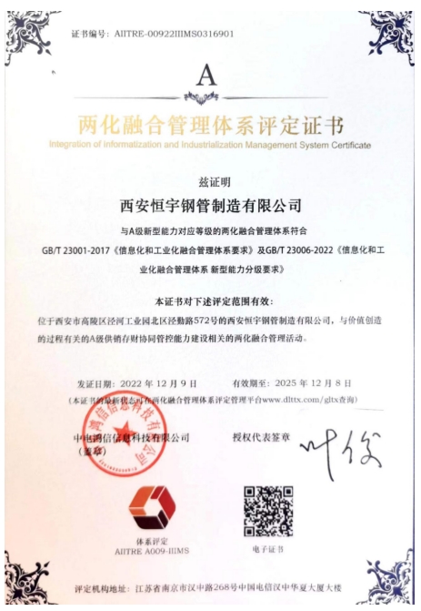 兩化融合管理體系評定證書